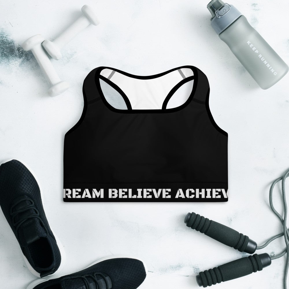Motivation Padded Sports Bra (Black/White) - Dream Believe Achieve Strategies